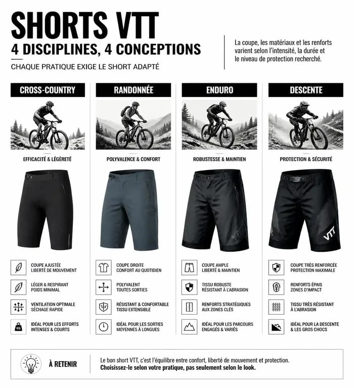 Infographie comparative des différents types de shorts VTT selon la pratique : Cross-Country, Randonnée, Enduro et Descente.