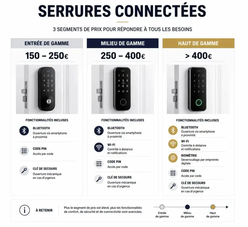 Infographie comparative des prix des serrures connectées selon les gammes et fonctionnalités
