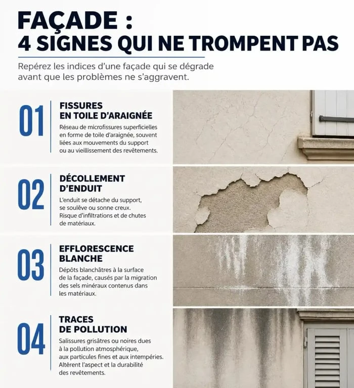 Infographie des signes de dégradation d'une façade nécessitant un ravalement