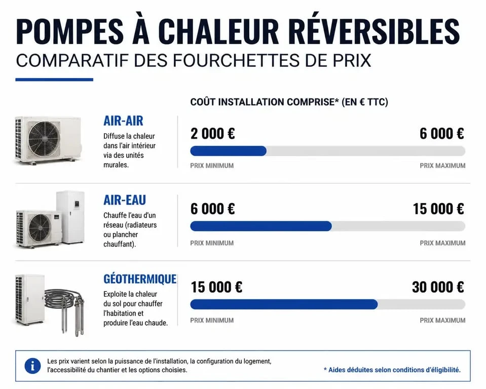 Comparatif des prix des pompes à chaleur clim réversible selon la technologie
