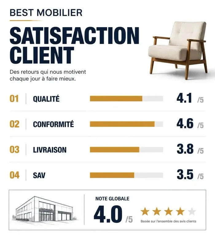 Infographie des avis clients Best Mobilier : scores de qualité, conformité, livraison et SAV
