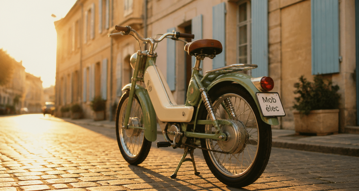 mobylette electrique vintage sur rue pavée