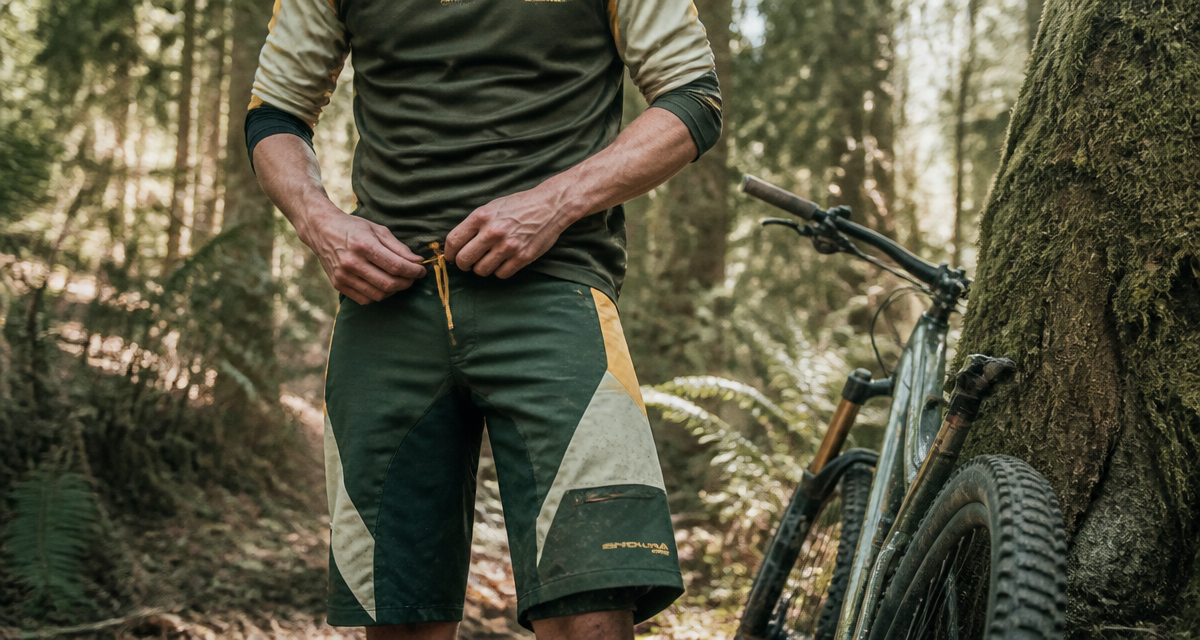 vététiste ajuste short vtt sur sentier forestier