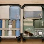valise 65 cm ouverte sur table avec vêtements