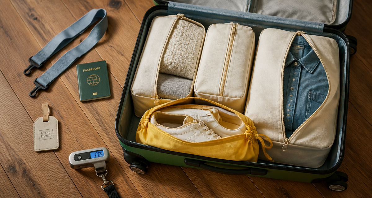 valise grand format ouverte sur plancher avec accessoires