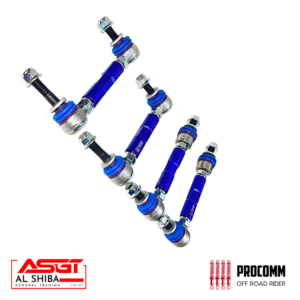 Blue adjustable sway bar links with threaded studs and red seals on a white background, shown diagonally; brand logos in corners (Al Shiba, Procomm Off Road Rider).