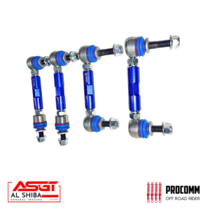 Blue anodized rod end joints connected by threaded studs, arranged in a row for vehicle suspension linkage.