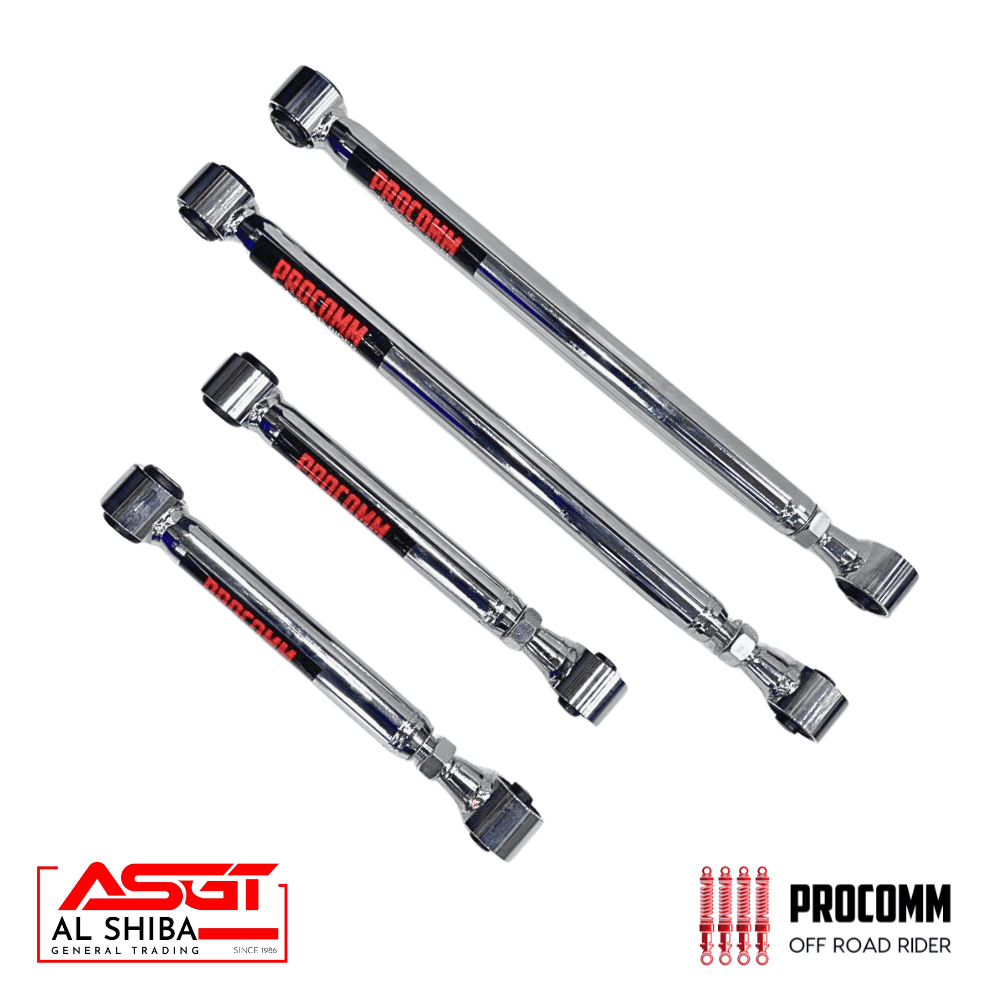 Four chrome socket wrenches arranged diagonally, with red ProComm branding; logos for Al Shiba General Trading and ProComm Off Road Rider visible.