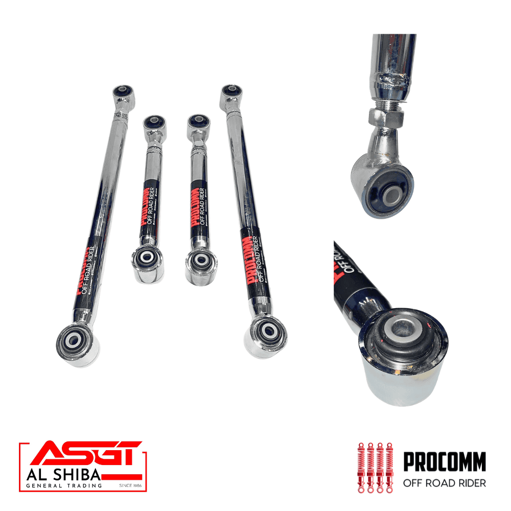 Four chrome suspension links with bushings on a white background, plus a close-up of a joint; ASGT Al Shiba and Procomm Off Road Rider logos visible.