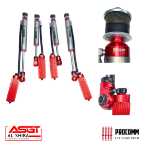 Set of red anodized off-road shock absorbers with black braided lines, arranged in a row with two close-up mount views; brand logos in corners.