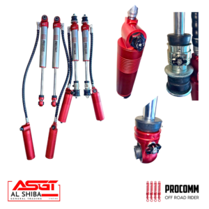 Red motorcycle shock absorbers and suspension components arranged on a white background, with AL SHIBA and PROCOMM OFF ROAD RIDER logos.
