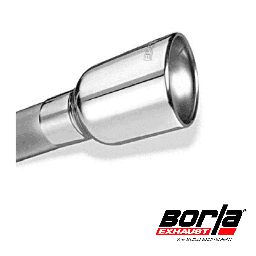Stainless steel exhaust tip for vehicles, Borla Exhaust branding, high-quality automotive part.