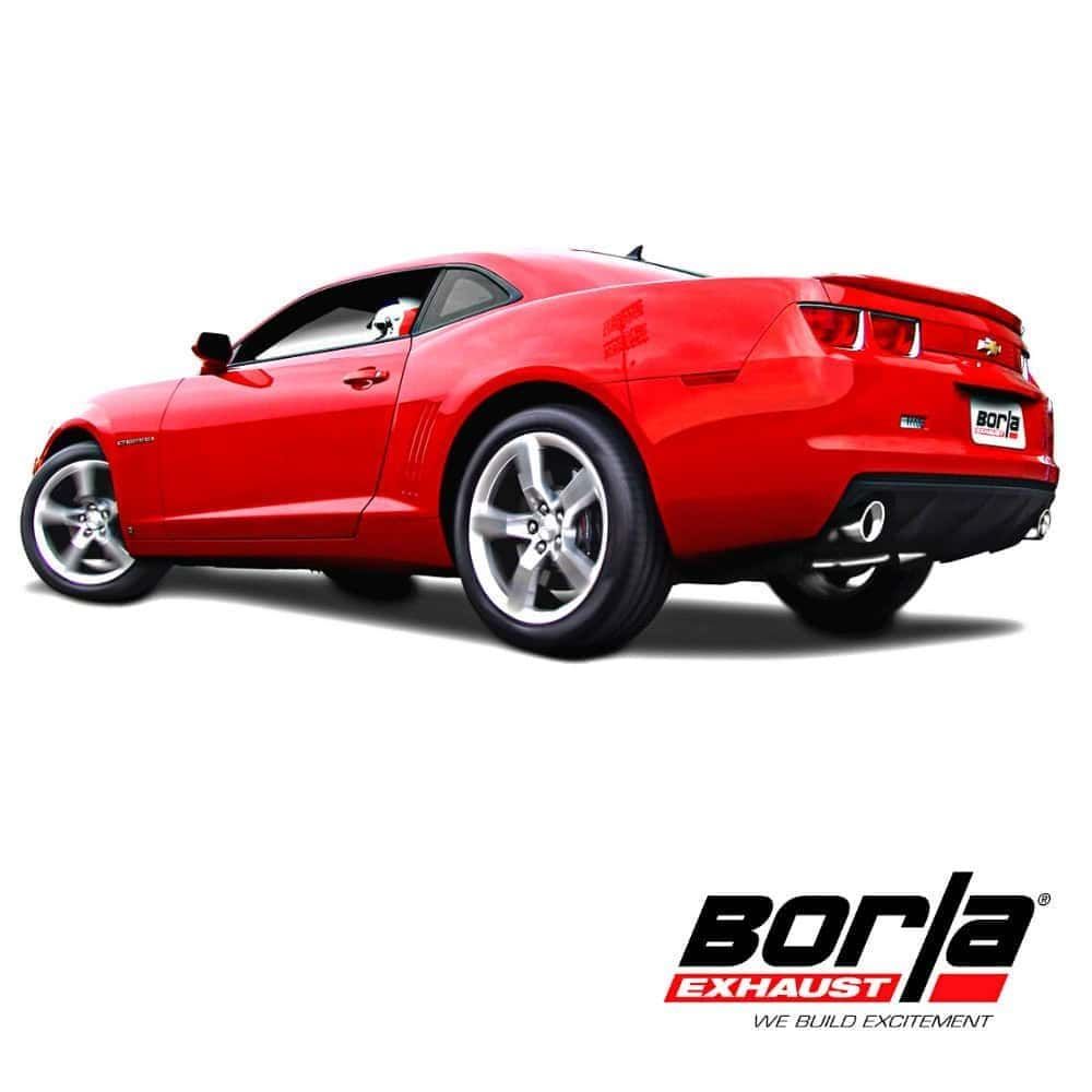 Red Chevrolet Camaro sports car with Borla Exhaust logo, emphasizing performance and exhaust systems.