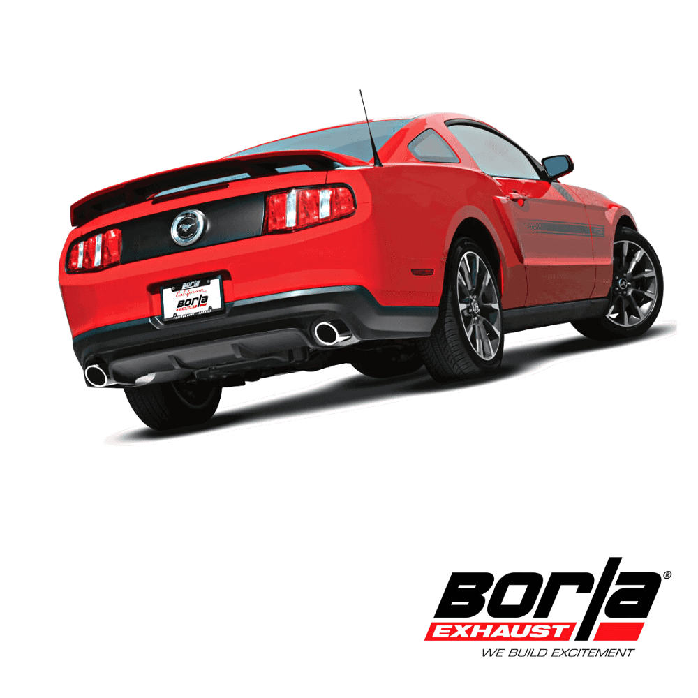 Red Ford Mustang sports car with Borla Exhaust logo, showcasing performance and style.