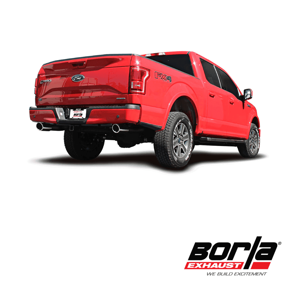 Ford F-150 pickup truck in red with Borla Exhaust logo, showcasing performance and durability.