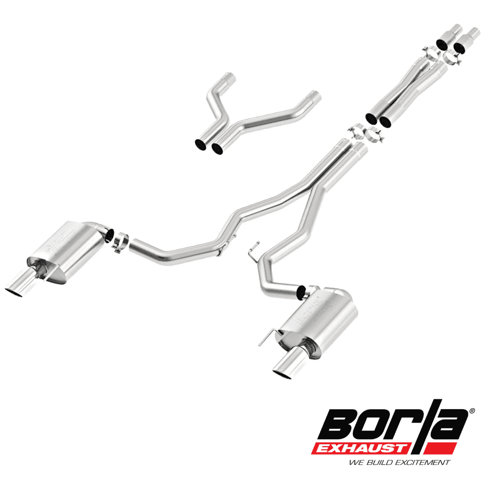Al Shiba General Trading stainless steel car exhaust system with Borla Exhaust branding.