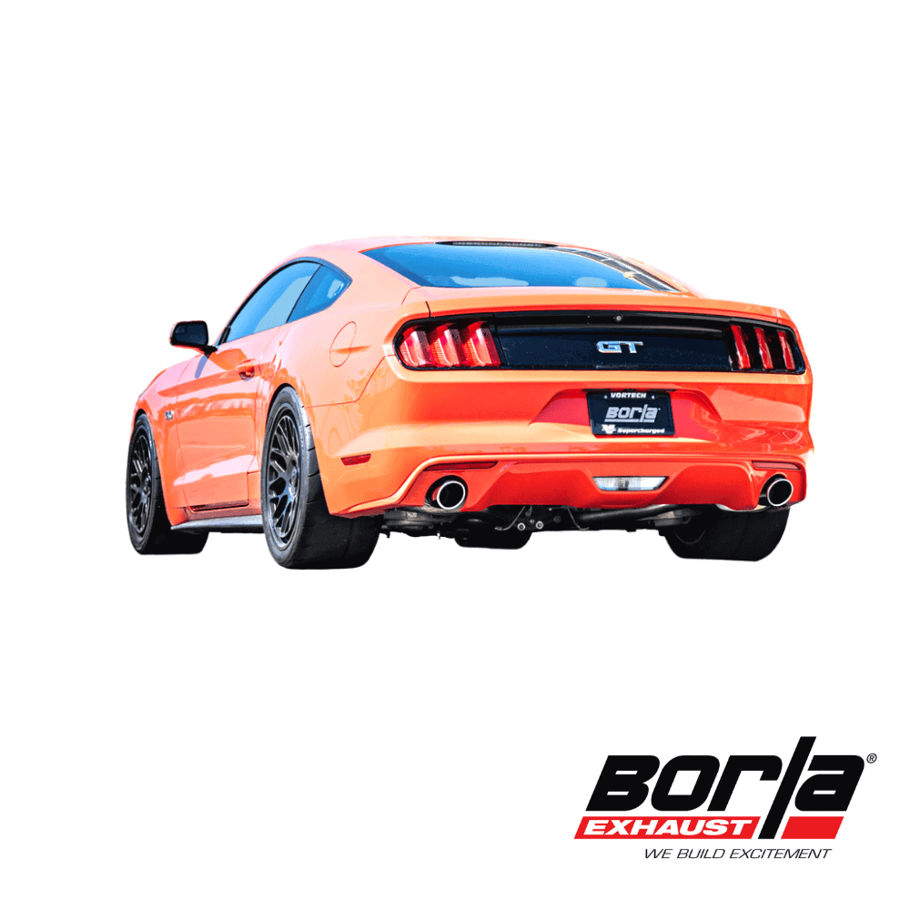 High-performance orange Ford Mustang GT with Borla exhaust system, showcasing power and style.