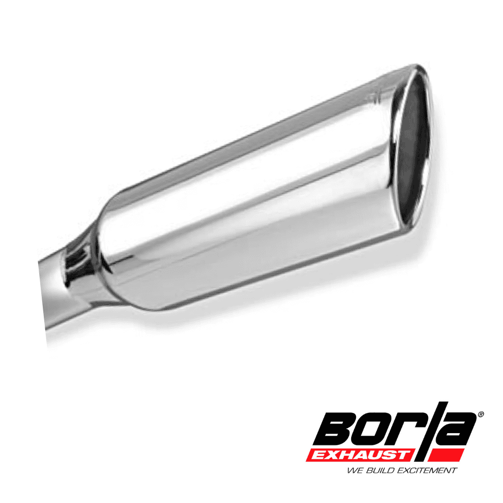 Shiny chrome exhaust pipe with Borla Exhaust logo, automotive performance part.