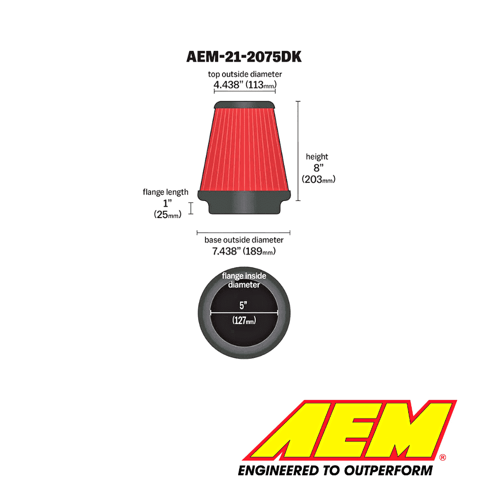 AEM air filter for automotive engines, high-performance replacement part.
