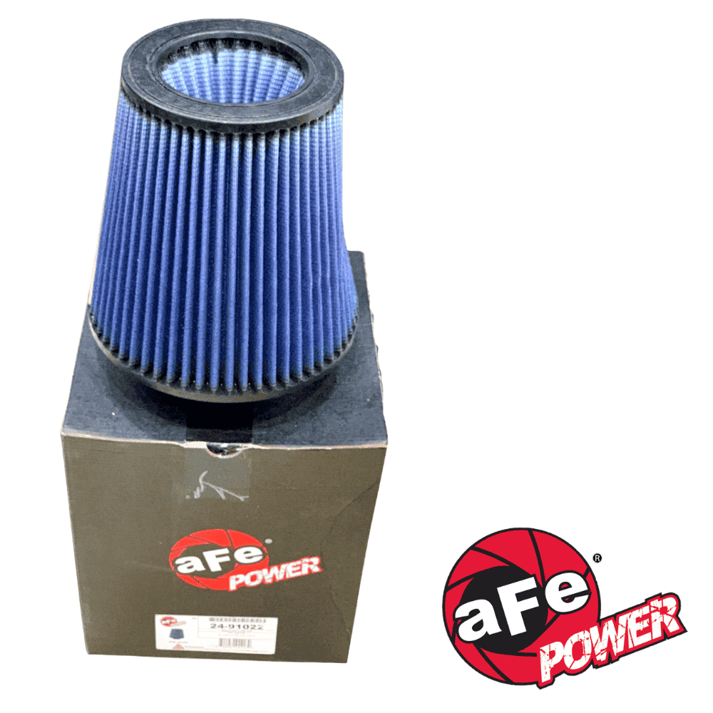 Air filter for automotive engine, blue pleated design, in black box with aFe Power logo.