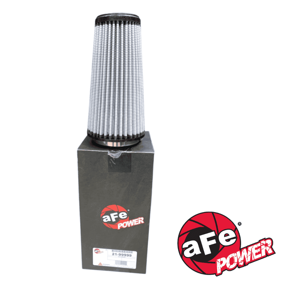 Air filter for aFe Power performance air intake system, black and silver design.