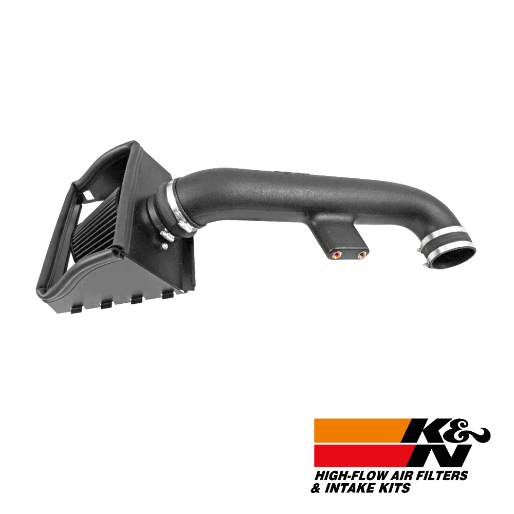 High-flow air filter and intake kit for vehicle engine performance enhancement.