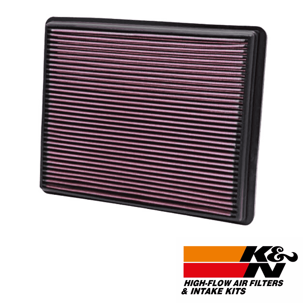 High-flow air filter for vehicle engine, K&N intake kit, automotive air filtration system.
