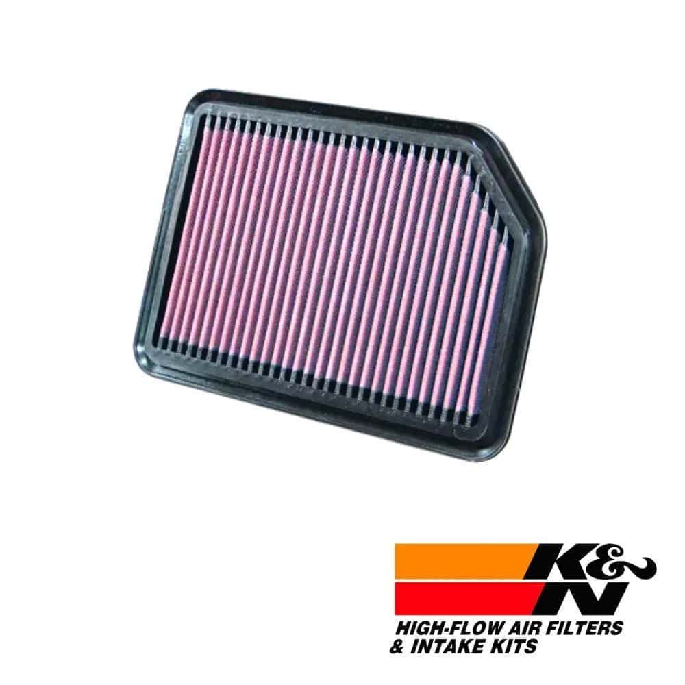 High-flow air filter for vehicle engine, K&N branded, with black and pink filter media.