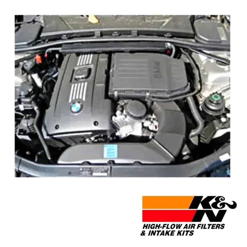 High-flow air filters and intake kits installed in a car engine for improved performance and efficie.