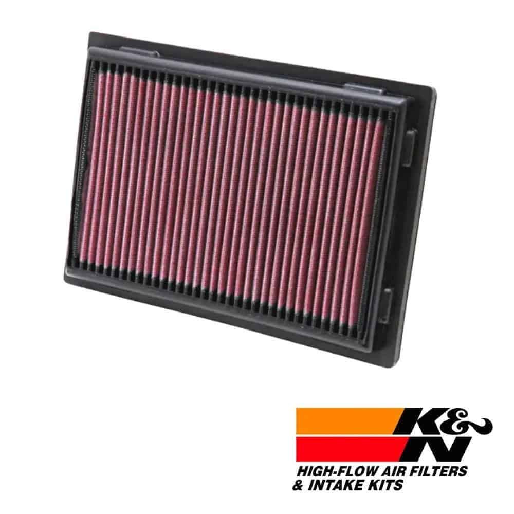 High-flow air filter for vehicle engine, K&N brand.