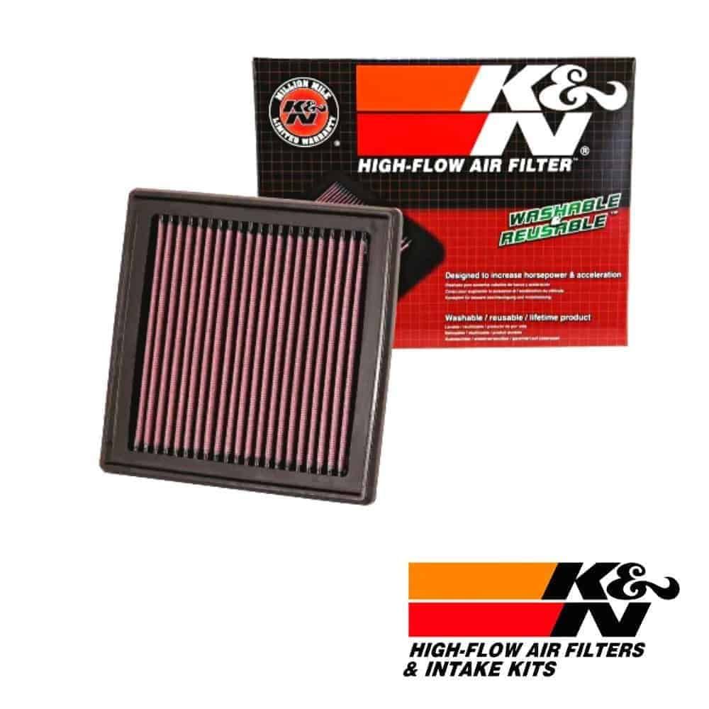 K&N high-flow washable air filter for vehicle engine, durable and reusable.