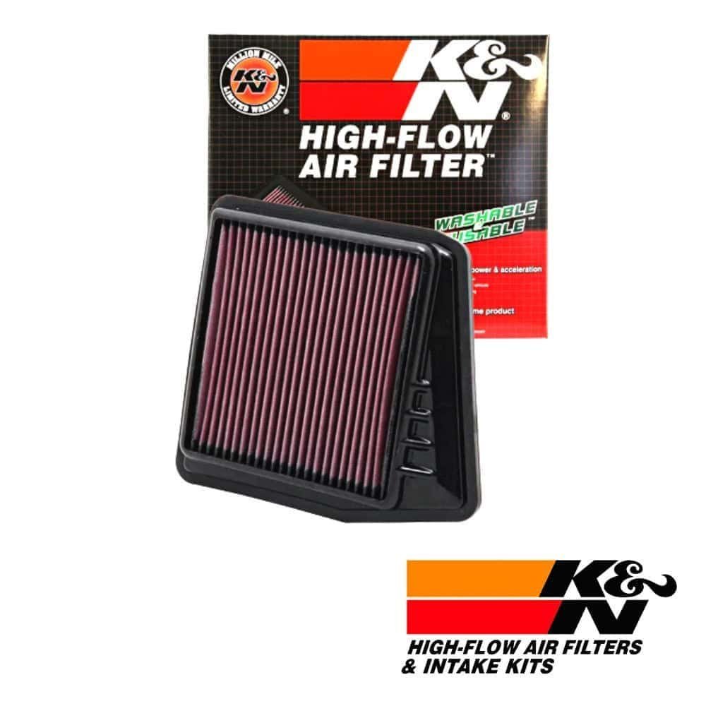High-flow air filter for vehicle engine, K&N washable and reusable automotive air filter.