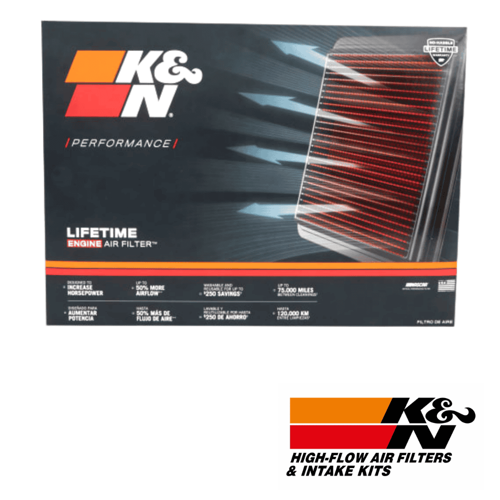 High-flow K&N air filter for optimal engine performance and airflow.