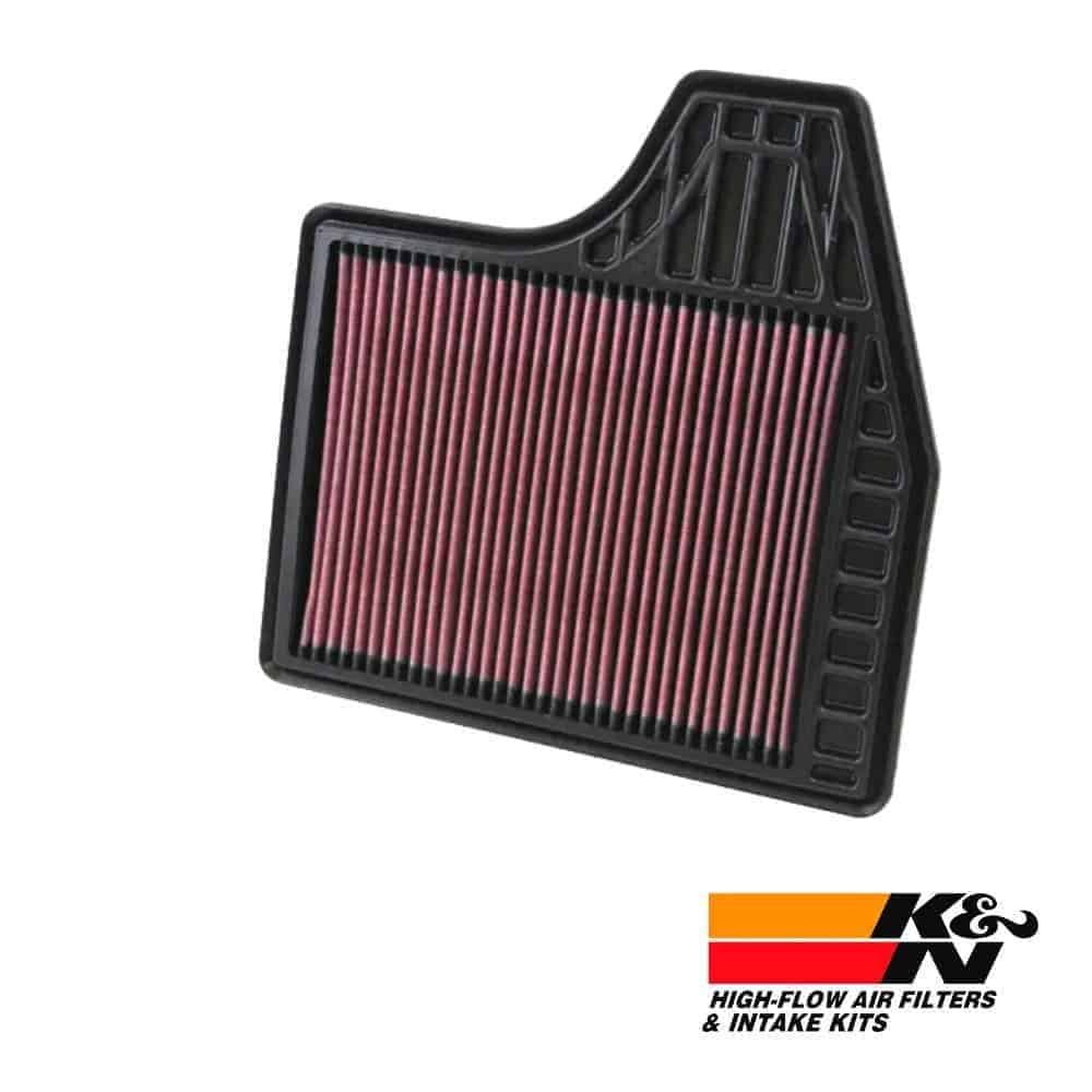 High-flow air filter for vehicle engine, K&N brand, in black and red.