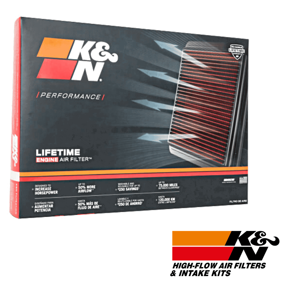 High-flow K&N air filter box for vehicle engine performance and filtration.
