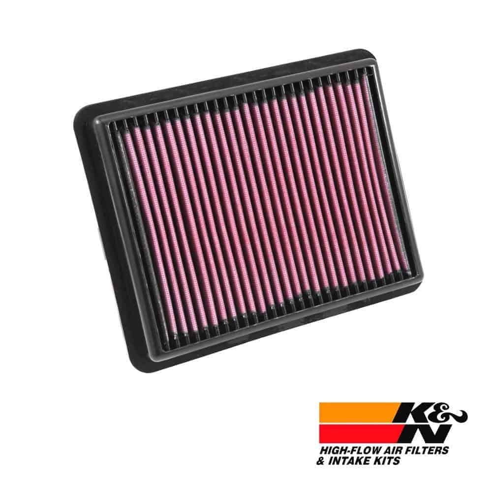 High-flow air filter for vehicle engine, K&N branded, with intake kit, black frame, pink filter medi.