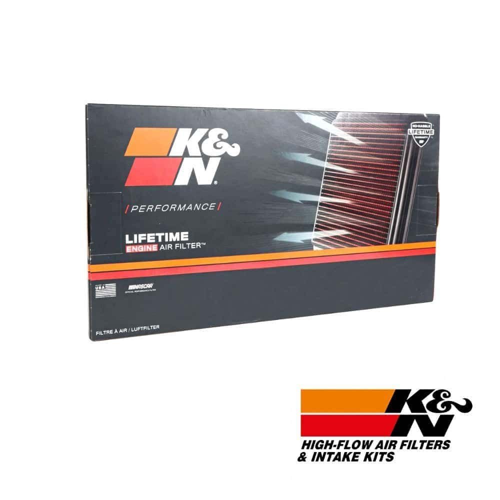 High-flow K&N engine air filter box for vehicle performance enhancement.