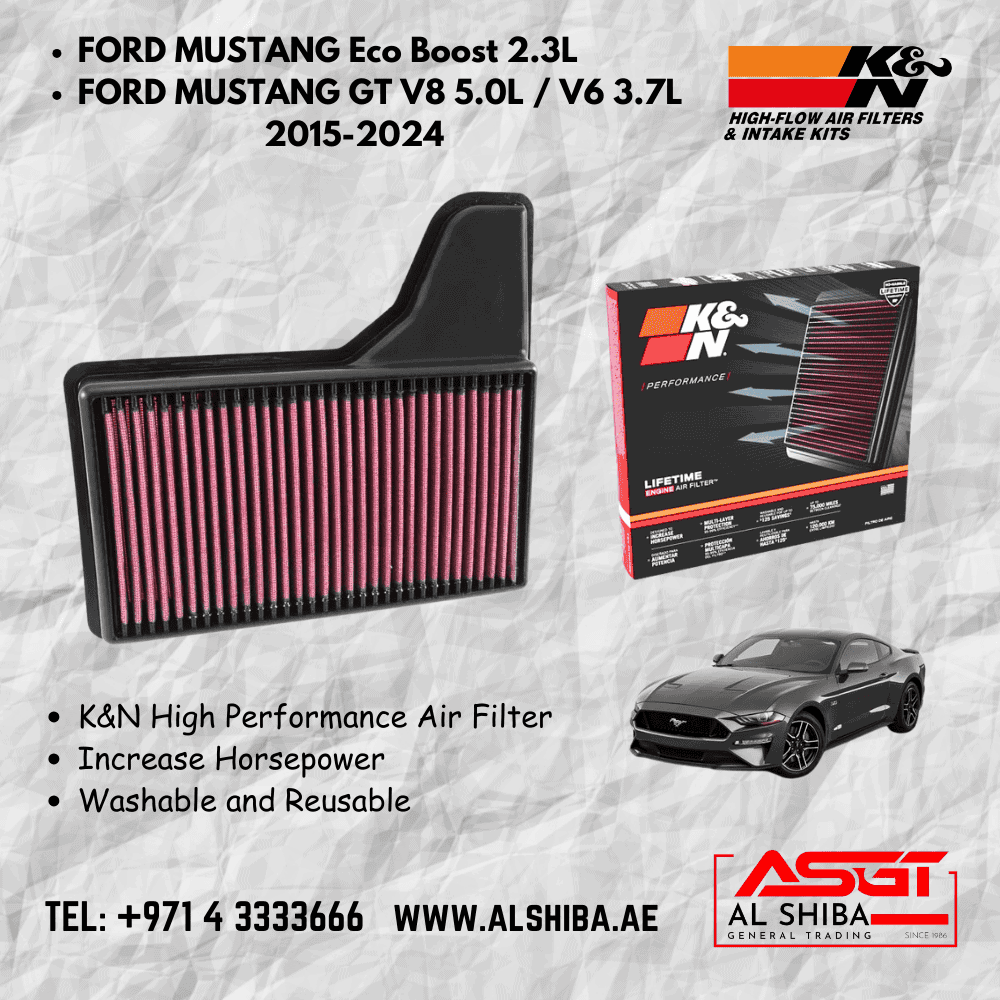 High Performance K&N Air Filter for Ford Mustang EcoBoost and GT V8 2015-2024.