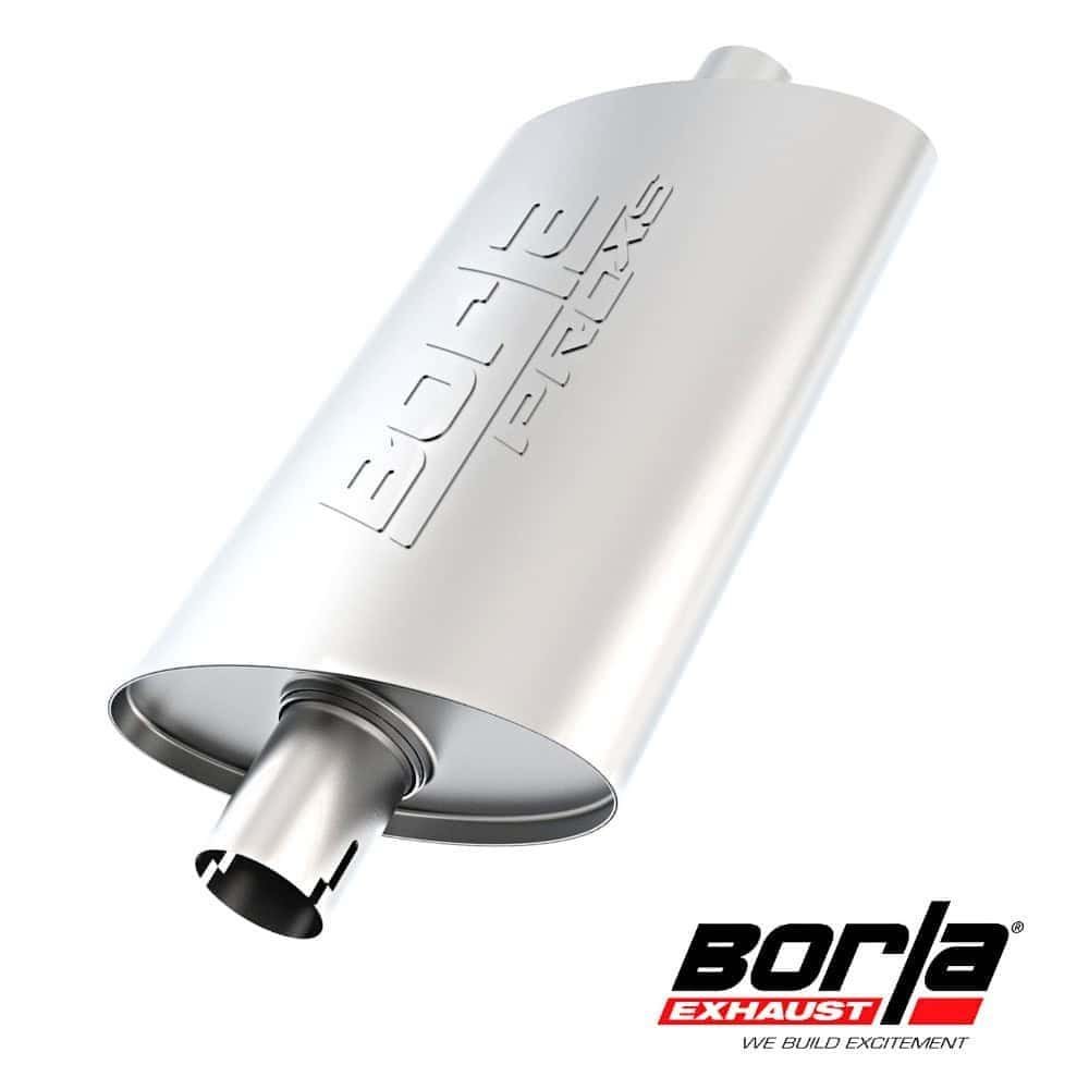 Edelbrock exhaust muffler for automotive performance and sound enhancement.