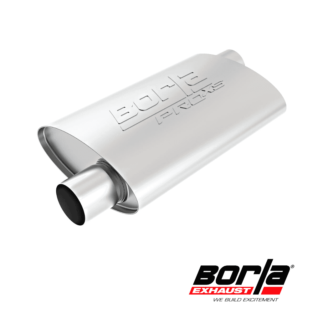 Stainless steel Borla exhaust muffler for car performance and durability.