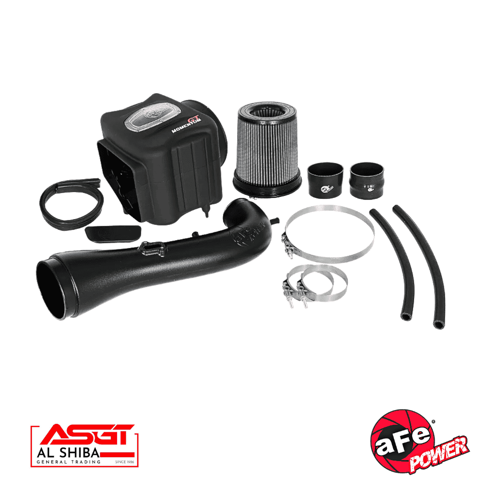 High-performance automotive air intake system with filters and hoses for vehicle enhancement.