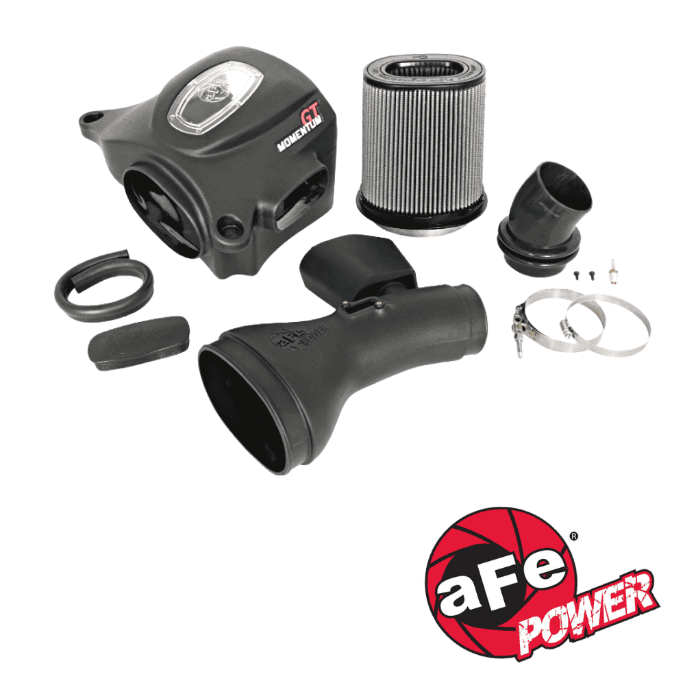 Air intake system components for vehicle performance enhancement, including filters and connectors.
