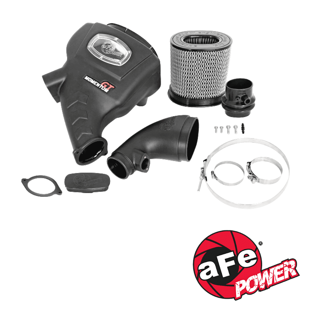 Air intake system with filter, hoses, and clamps for automotive performance enhancement.