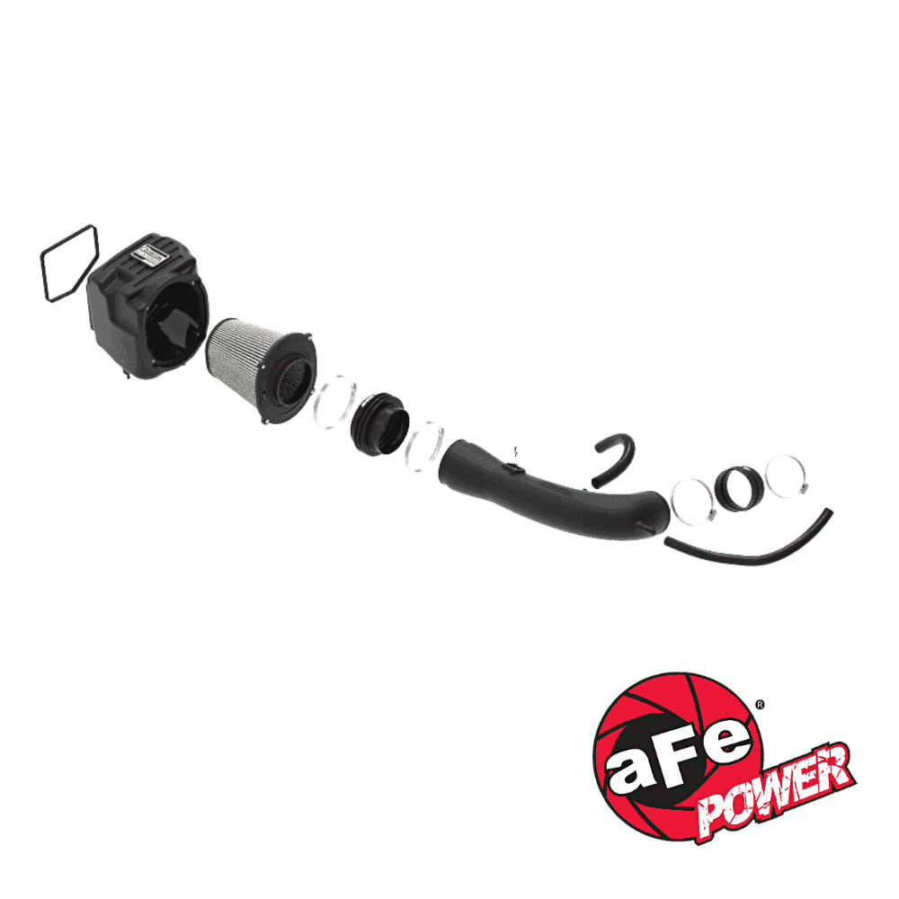Air intake hose and filter components for automotive engine, with a red and black "aFe Power" logo.