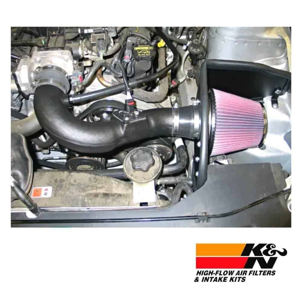 High-performance car air intake system with K&N filter for optimal engine airflow and filtration.