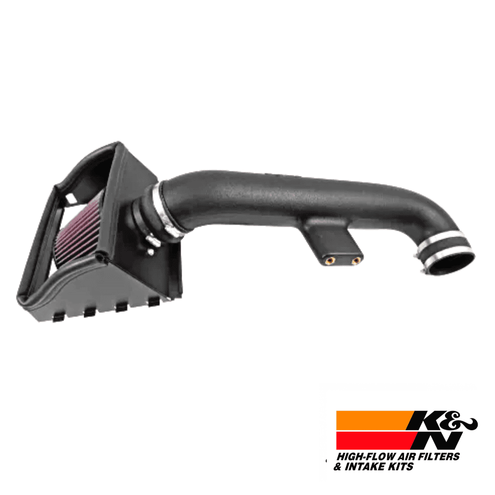 High-flow air filter and intake kit for vehicle performance enhancement.