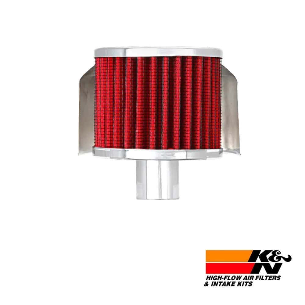 High-flow air filter for automotive engines, red and silver K&N filter element.