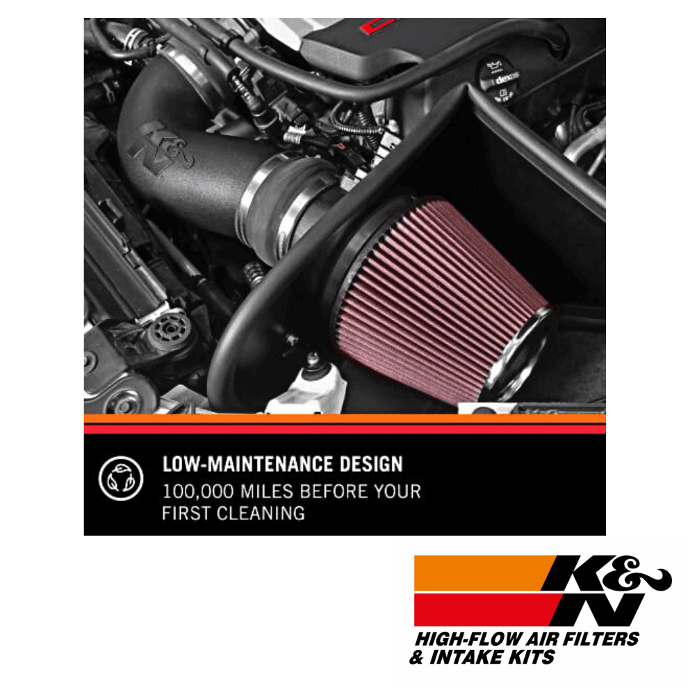 High-performance K&N air filter and intake kit for vehicle engine enhancement and airflow improvemen.