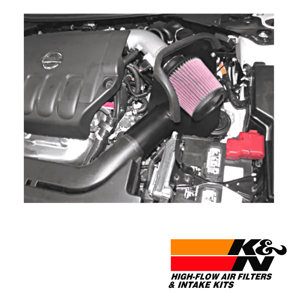 High-performance K&N high-flow air filter installed in a car engine for improved airflow and engine.