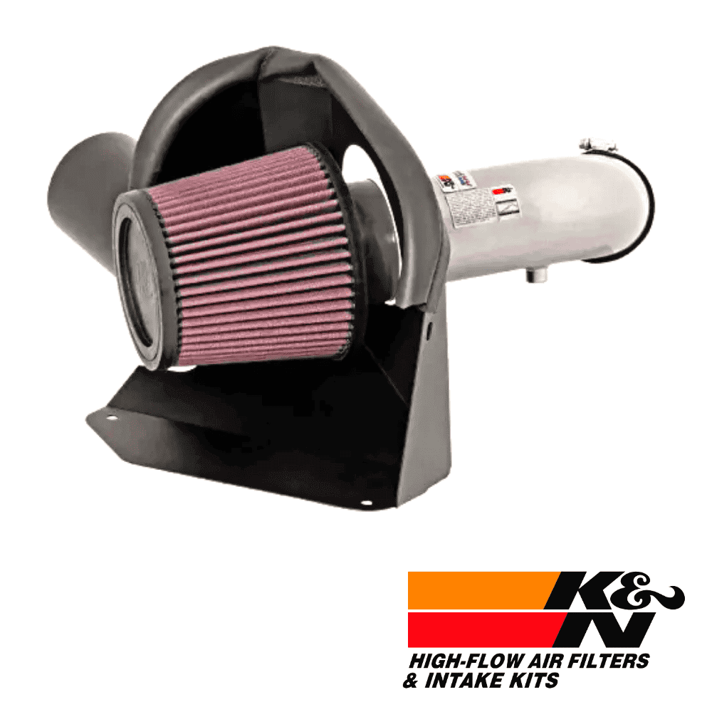 High-flow air filter and intake kit for vehicle performance enhancement.